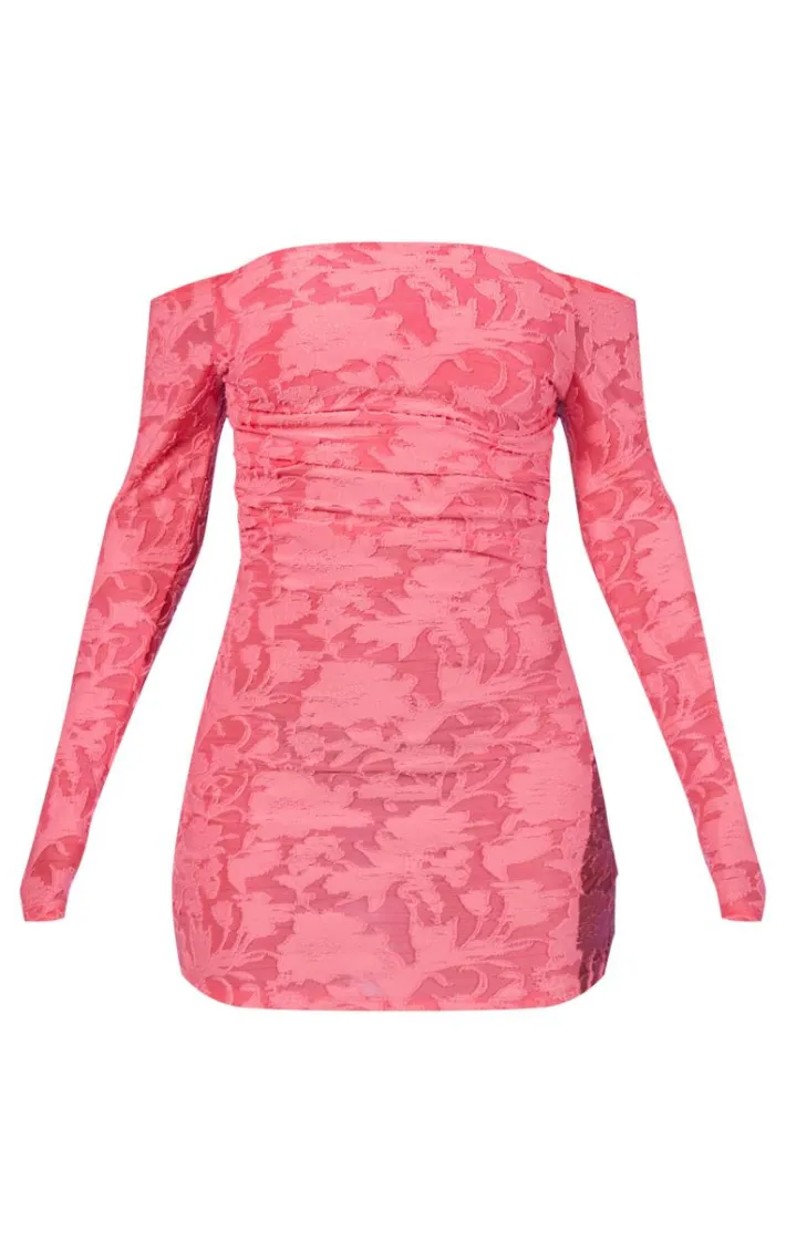 Hot Pink Floral Sheer Burnout Bardot Bodycon Dress
