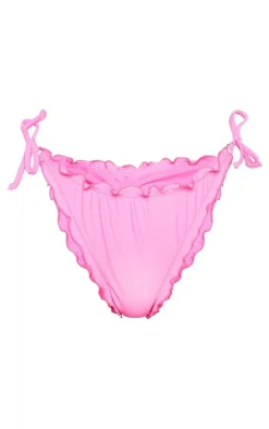 Hot Pink Frill Edge Ruched Back Bikini Bottoms