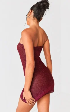 Hot Pink Glitter Plisse Bandeau Lettuce Hem Bodycon Dress