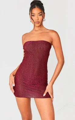 Hot Pink Glitter Plisse Bandeau Lettuce Hem Bodycon Dress