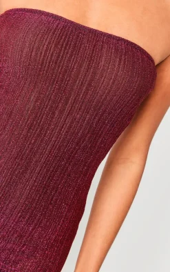 Hot Pink Glitter Plisse Bandeau Lettuce Hem Bodycon Dress