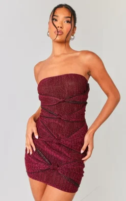 Hot Pink Glitter Plisse Knot Detail Bandeau Bodycon Dress