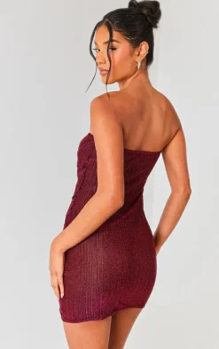 Hot Pink Glitter Plisse Knot Detail Bandeau Bodycon Dress