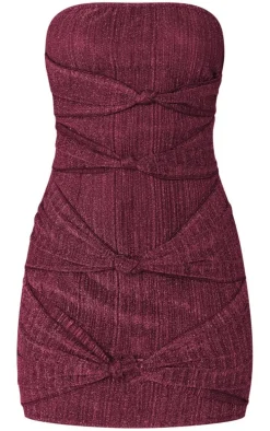 Hot Pink Glitter Plisse Knot Detail Bandeau Bodycon Dress
