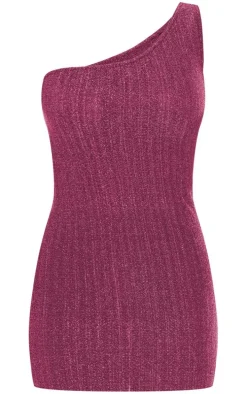 Hot Pink Glitter Plisse One Shoulder Bodycon Dress