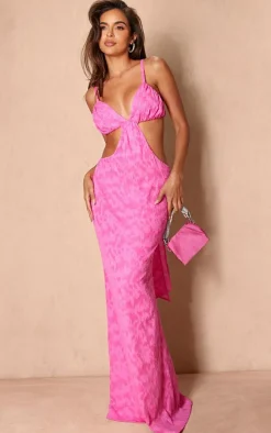 Hot Pink Jacquard Cut Out Maxi Dress