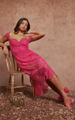 Hot Pink Lace Midaxi Dress