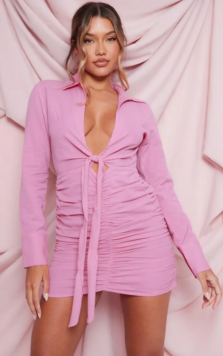 Hot Pink Linen Look Ruched Plunge Shirt Dress