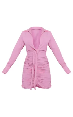 Hot Pink Linen Look Ruched Plunge Shirt Dress