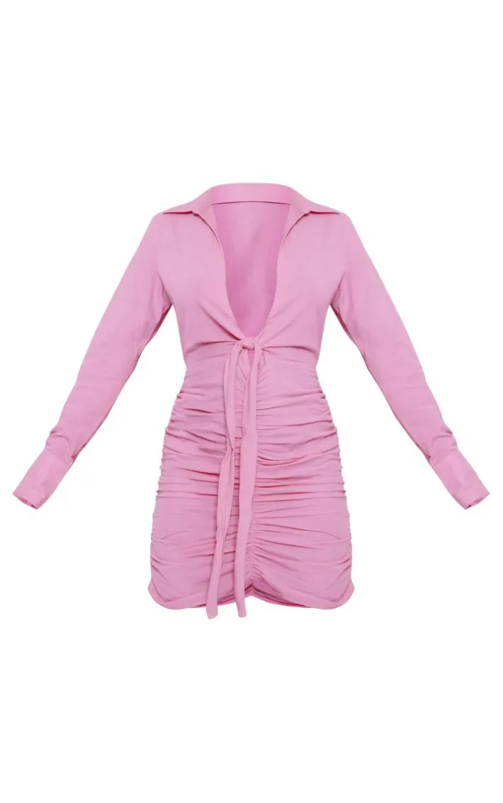 Hot Pink Linen Look Ruched Plunge Shirt Dress