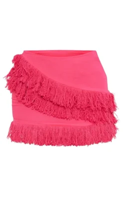 Hot Pink Linen Look Tassel Front Mini Skirt