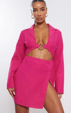 Hot Pink Linen Trim Detail Cut Out Blazer Dress