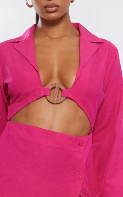 Hot Pink Linen Trim Detail Cut Out Blazer Dress