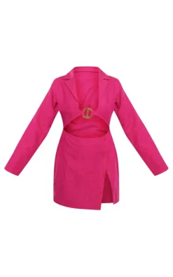 Hot Pink Linen Trim Detail Cut Out Blazer Dress
