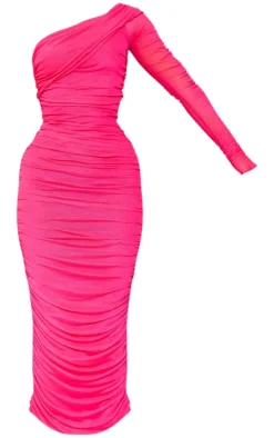 Hot Pink Mesh Bardot One Sleeve Maxi Dress