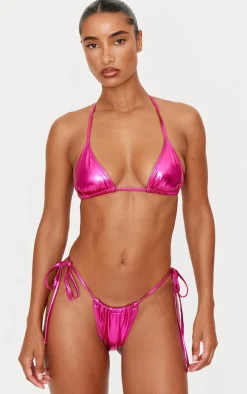 Hot Pink Metallic Padded Triangle Bikini Top