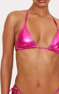 Hot Pink Metallic Padded Triangle Bikini Top
