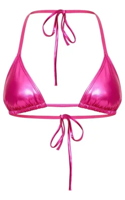 Hot Pink Metallic Padded Triangle Bikini Top