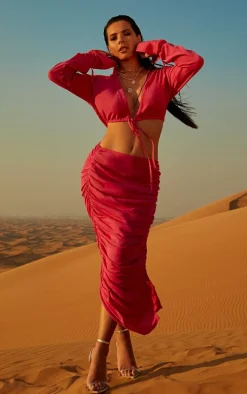 Hot Pink Mid Rise Ruched Midaxi Skirt