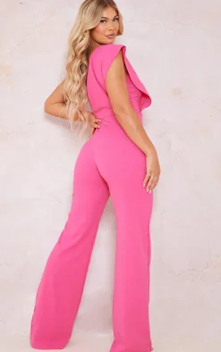 Hot Pink One Shoulder Drape Detailed Jumpsuit