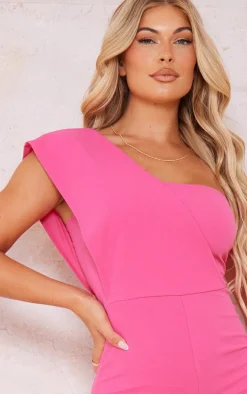 Hot Pink One Shoulder Drape Detailed Jumpsuit
