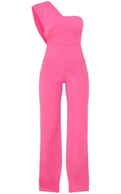 Hot Pink One Shoulder Drape Detailed Jumpsuit