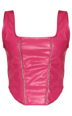 Hot Pink Pu Under Bust Detail Diamante Trim Dip Hem Corset