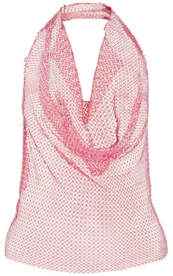 Hot Pink Rhinestone Fishnet Cowl Halterneck Long Top
