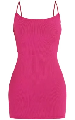 Hot Pink Ribbed Lace Up Back Bodycon Dress