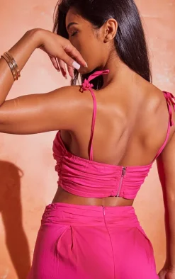 Hot Pink Ruched Tie Strap Crop Top
