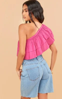 Hot Pink Ruffle One Shoulder Crop