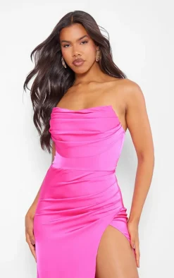 Hot Pink Satin Bandeau Corset Ruched Maxi Dress