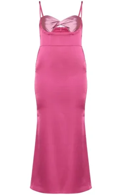 Hot Pink Satin Contrast Twist Cup Midaxi Dress