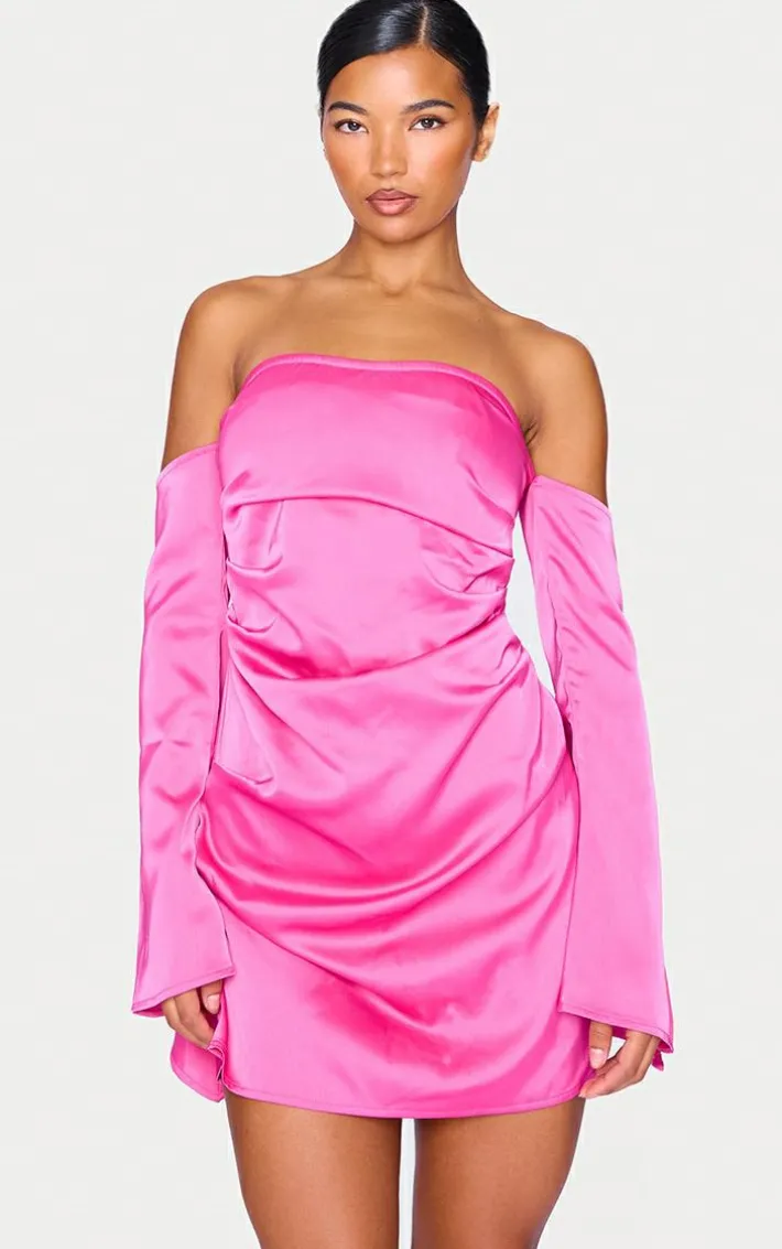 Hot Pink Satin Corset Bardot Ruched Long Sleeve Shift Dress
