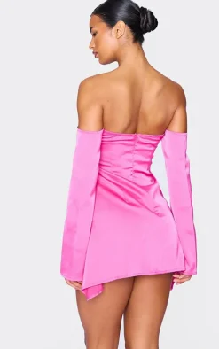 Hot Pink Satin Corset Bardot Ruched Long Sleeve Shift Dress