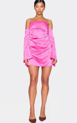 Hot Pink Satin Corset Bardot Ruched Long Sleeve Shift Dress