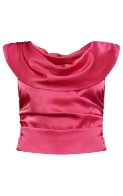 Hot Pink Satin Cowl Neck Ruched Top