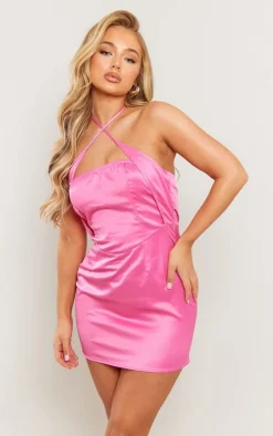 Hot Pink Satin Cross Neck Detail Bodycon Dress