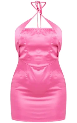 Hot Pink Satin Cross Neck Detail Bodycon Dress