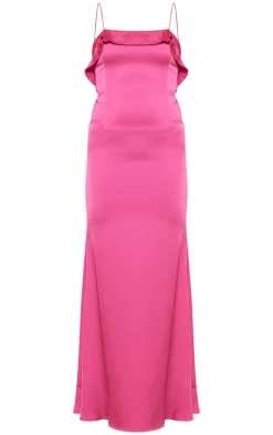Hot Pink Satin Draped Frill Back Detail Maxi Dress