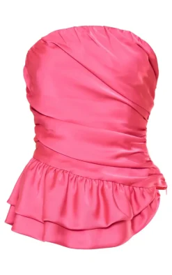 Hot Pink Satin Extreme Ruched Bandeau Top