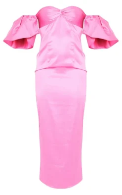 Hot Pink Satin Knot Bust Puff Sleeve Bardot Midaxi Dress