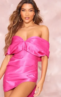 Hot Pink Satin Oversized Bardot Wrap Shift Dress