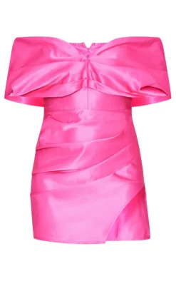 Hot Pink Satin Oversized Bardot Wrap Shift Dress