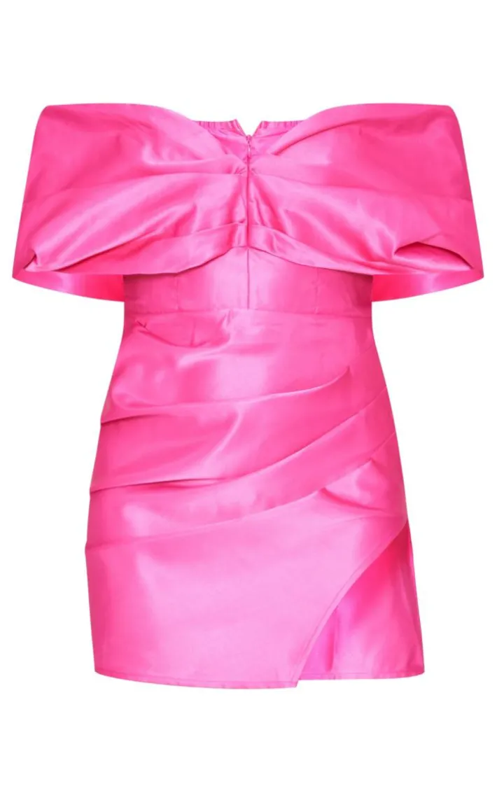 Hot Pink Satin Oversized Bardot Wrap Shift Dress