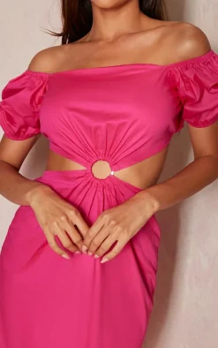 Hot Pink Satin Puff Sleeve Cut Out Shift Dress