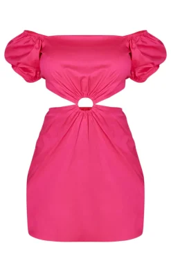 Hot Pink Satin Puff Sleeve Cut Out Shift Dress