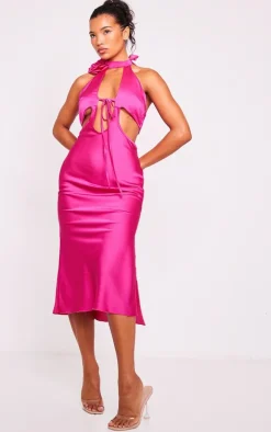 Hot Pink Satin Rose Applique Cut Out Detail Midi Dress