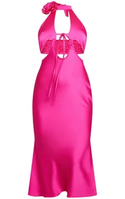 Hot Pink Satin Rose Applique Cut Out Detail Midi Dress