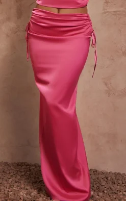 Hot Pink Satin Ruched Maxi Skirt